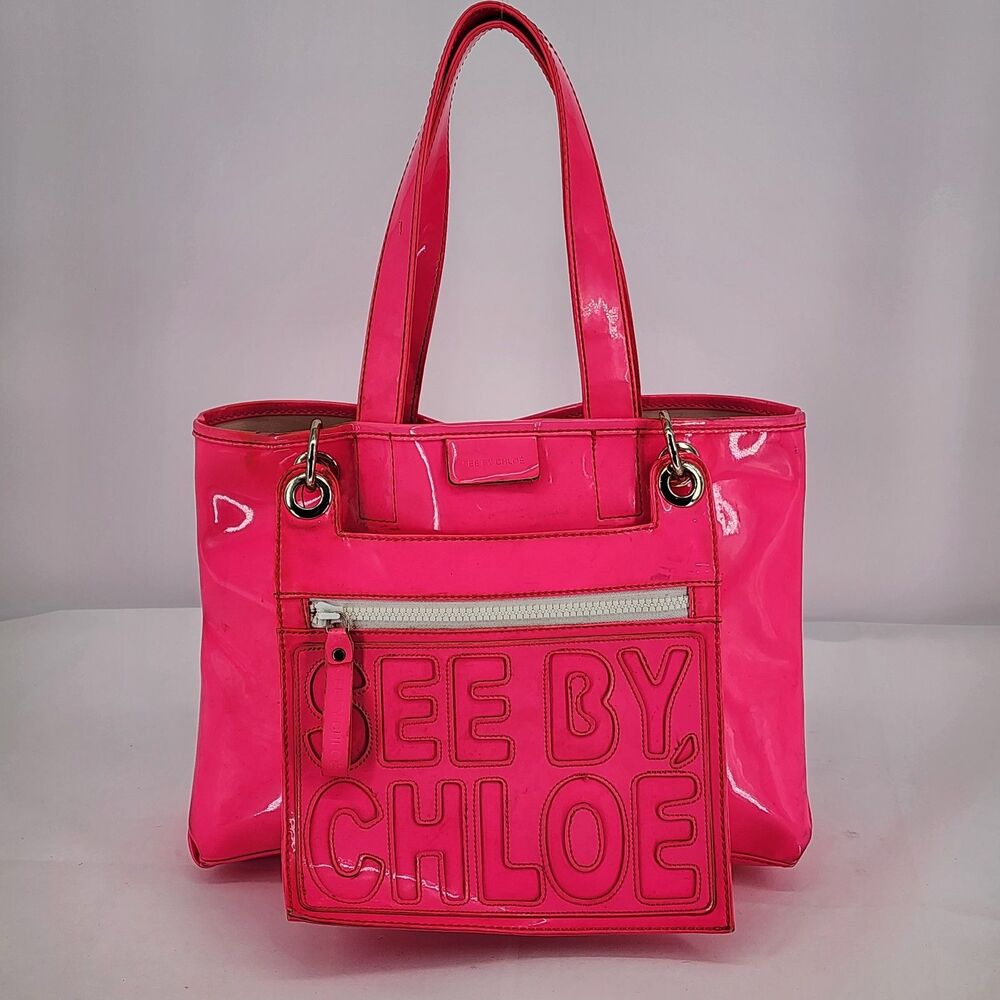 See by Chloe Neon Pink Patent Leather Tote Bag with Hanging Pouch